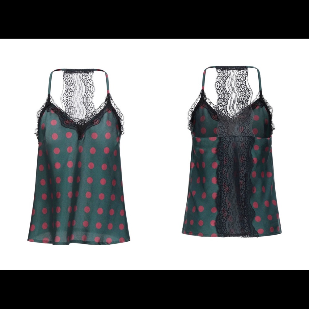 SOUVENIR Slip Lace camisole Top-Green With Red Polka Dots Sz Small
